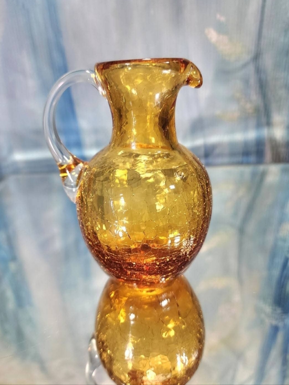 AMBER Blown Crackle MCM Vintage Collectible Art Glass Pitcher 4.25"
